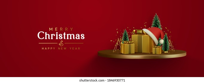 Christmas banner. Happy New Year background. Xmas composition golden podium with fluffy pine tree and fir trees, gold 3d gifts boxes, shiny tinsel confetti. Winter greeting design. vector illustration