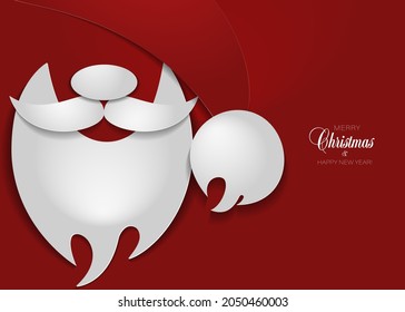 Christmas banner, happy new year card, holiday design. Red background with 3d paper cutout hat, mustache, beard of Santa Claus. Paper cut out craft style, vector illustration