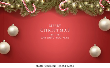 Christmas banner, Happy New Year 2025. New Year banner with decorations, wreath and balls.