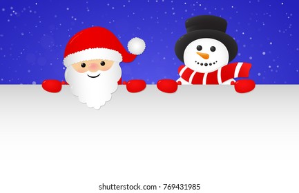 Christmas banner with happy Santa Claus and cute Snowman. Vector.