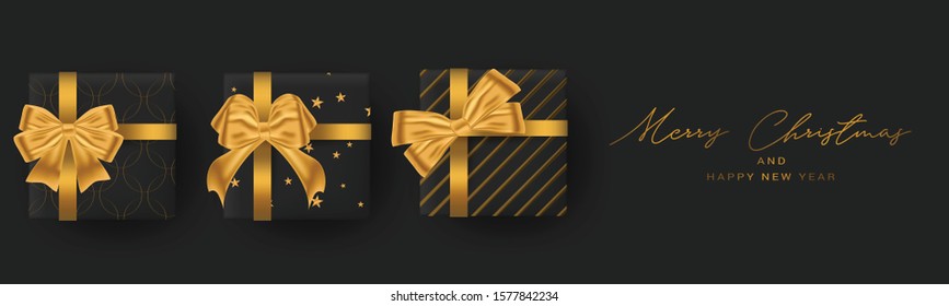 Christmas banner or header background. Xmas celebration black luxury design with presents. Winter holiday concept. Realistic gift boxes with gold ribbon and bow. Vector illustration.