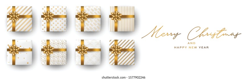 Christmas banner or header background. Xmas celebration white luxury design with presents. Winter holiday concept. Realistic gift boxes with gold ribbon and bow. Vector illustration.