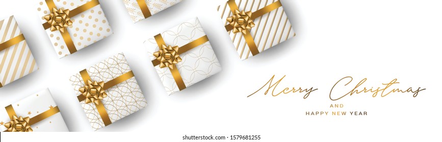 Christmas banner or header background. Xmas celebration white luxury design with presents. Winter holiday concept. Realistic gift boxes with gold ribbon and bow. Vector illustration.