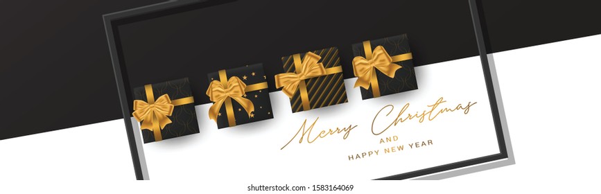 Christmas banner or header background. Xmas celebration black and white luxury design with presents. Winter holiday concept. Realistic gift boxes with gold ribbon and bow. Vector illustration.