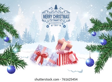 Christmas Banner Holiday Card Present Boxes In Snow Over Winter Forest View Vector Illustration