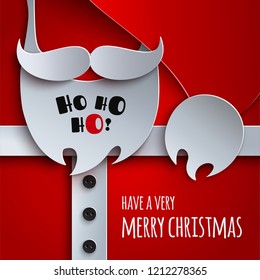 Christmas banner, holiday design for greeting card. Red background, 3d paper cutout hat, mustache, beard of Santa Claus. Text have a very merry christmas. Paper cut out art style, vector illustration