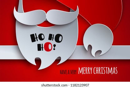 Christmas banner, holiday design. Red background with 3d paper cutout hat, mustache, beard of Santa Claus. Text have a very merry christmas under ribbon. Paper cut out craft style, vector illustration