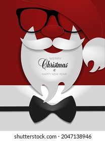 Christmas banner, holiday design. Red background with 3d paper cutout hat, mustache, beard of Santa Claus. Text have a very merry christmas under ribbon. Paper cut out craft style, vector illustration