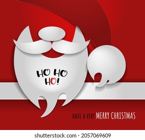 Christmas banner, holiday design. Red background with 3d paper cutout hat, mustache, beard of Santa Claus. Text have a very merry christmas under ribbon. Paper cut out craft style, vector illustration