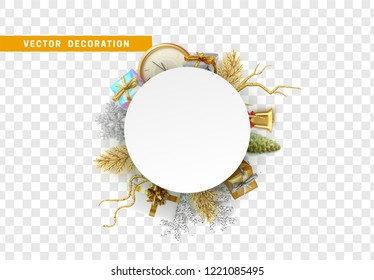 Christmas banner with holiday objects. Background with gift box and snowflake and old clock design. Xmas decoration elements.