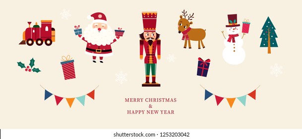 Christmas banner with holiday symbols and toys. Christmas sale