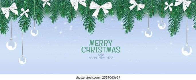 Christmas banner with holiday wreath and sparkles. Vector realistic illustration of fir tree branches decorated with glass balls and white ribbon bows on light blue background, X-mas card layout