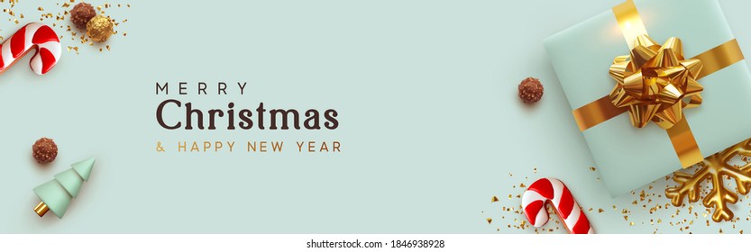 Christmas banner horizontal. Background Xmas design of realistic blue gifts box, cane candy cookie, conical 3d tree, golden glitter confetti. New year poster, greeting card, headers for website