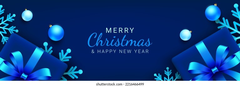 Christmas banner. Horizontal blue xmas background design with snowflake, gift box and blue ball elements. Vector illustration