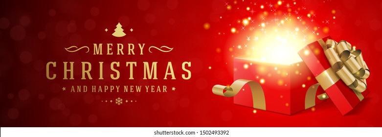Christmas banner horizontal design template with xmas open gift box and sparkles lights, typographic wish vector illustration. Christmas poster or website header graphics.