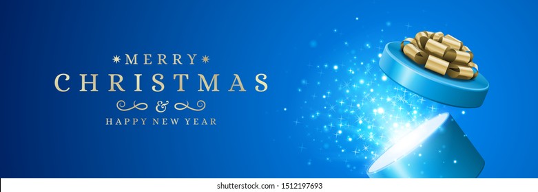 Christmas banner horizontal design template with xmas open gift box and sparkles lights, typographic wish vector illustration. Christmas poster or website header graphics.