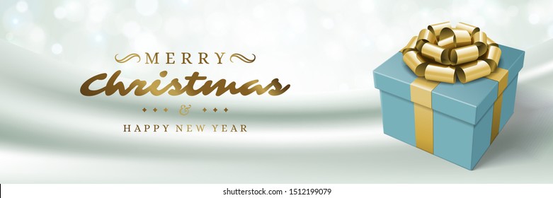 Pancarta navideña plantilla de diseño horizontal con caja de regalo de Navidad y luces de destellos, ilustración vectorial de deseo tipográfico. Afiche de Navidad o gráficos de encabezado de sitio web.