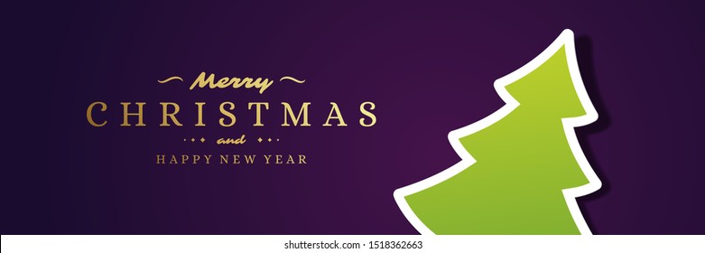 Christmas banner horizontal design template with xmas tree from paper cut and typographic wish vector illustration. Christmas poster or website header graphics.