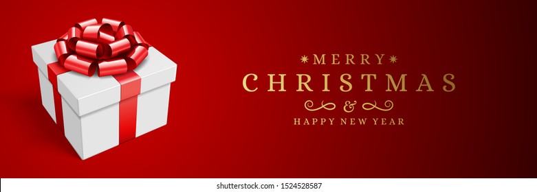 Christmas banner horizontal design template with xmas gift box and typographic wish vector illustration. Christmas poster or website header graphics.