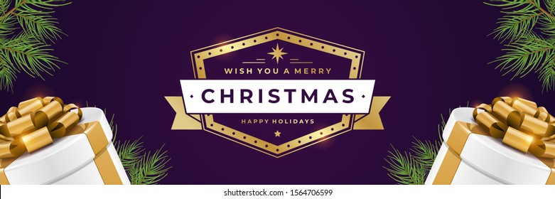 Modelo de design horizontal de banner de Natal com caixa de presente xmas e ilustração vetorial de desejo tipográfico. Cartaz de Natal ou gráficos de cabeçalho de site.