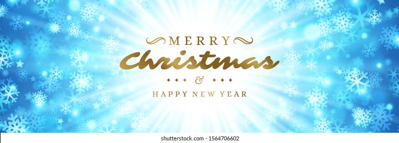 Pancarta navideña plantilla de diseño horizontal con luces destellantes de bokeh de navidad y copos de nieve, ilustración vectorial de deseo tipográfico. Afiche de Navidad o gráficos de encabezado de sitio web.
