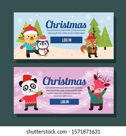 christmas banner horizontal holiday dog penguin deer panda vector illustration