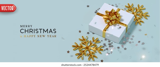 Christmas banner. Horizontal web poster header for website. Xmas realistic gift box, gold snowflake and glitter silver stars confetti. New year Background design flat lay top view. Vector illustration