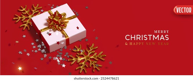 Christmas banner. Horizontal web poster header for website. Xmas realistic gift box, gold snowflake and glitter silver stars confetti. New year Background design flat lay top view. Vector illustration