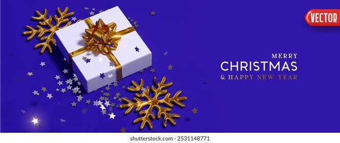 Christmas banner. Horizontal web poster header for website. Xmas realistic gift box, gold snowflake and glitter silver stars confetti. New year Background design flat lay top view. Vector illustration