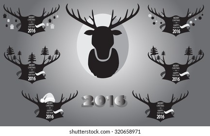 Christmas banner with horns and deer on gray background. Vector illustration.
