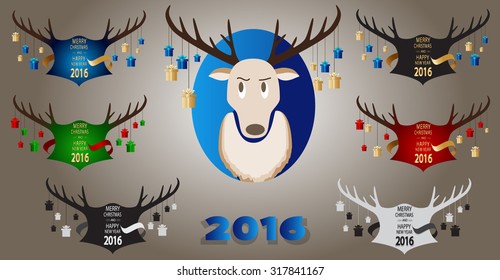 Christmas banner with horns, gifts, and deer. Vector illustration.
