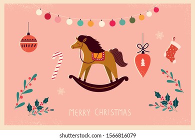 Christmas banner with horse and Christmas toys in vintage style