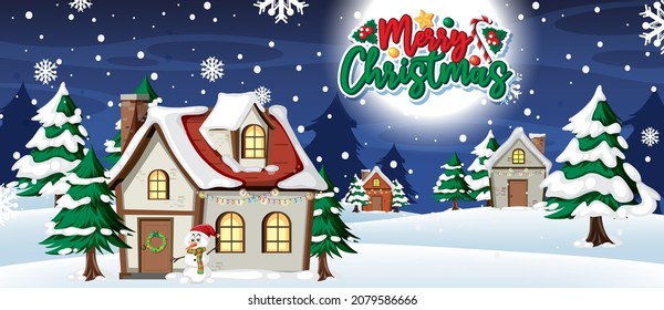 Christmas banner with house and snow falling at night illustration