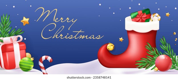 Christmas banner. Illustration with a cartoon design, blue color scheme and cheerful Christmas elements such as presents and socks create a festive atmosphere. Vector illustration.