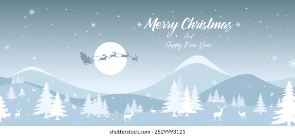 Banner de Natal. Ilustração Paisagem de inverno com renas e abetos na neve, céu noturno com estrelas, queda de neve, lua e Papai Noel e Sleigh. Com texto Feliz Natal e Feliz Ano Novo.