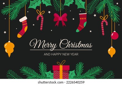 Christmas banner with the inscription Merry Christmas and Happy New Year on the background of fir twigs and hanging Christmas toys