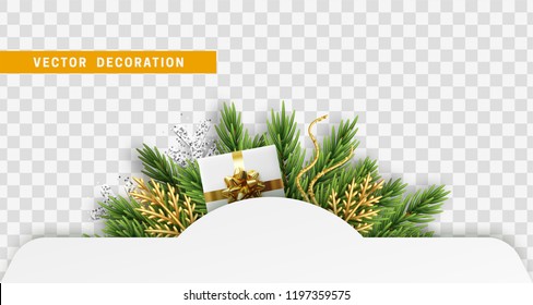 Christmas banner isolated on a transparent background. Design xmas decorations, pine tree branches, gift boxes. Holiday decor