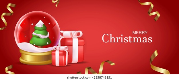 Christmas banner. A joyful illustration in vibrant reds, featuring a captivating cartoon design and holiday-themed gifts with golden confetti. Vector illustration.