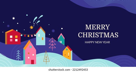 Christmas banner, landscape with hand drawn houses, trees on snow-covered ground in Scandinavian style. Greeting card with place for text.Template for invitation,design,print.Vector illustration.