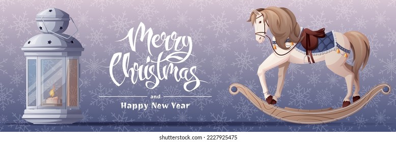 Christmas banner with lantern and rocking horse. Festive background with a New Year's toy on a blue background. Vector winter illustration