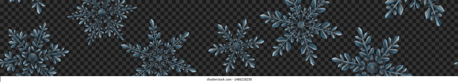 Christmas banner of large complex translucent snowflakes in light blue colors on transparent background. With horizontal repeating pattern. Transparency only in vector format