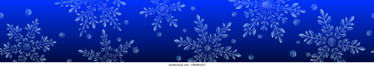 Christmas banner of large complex transparent snowflakes on blue gradient background. With horizontal repeating pattern. Transparency only in vector format