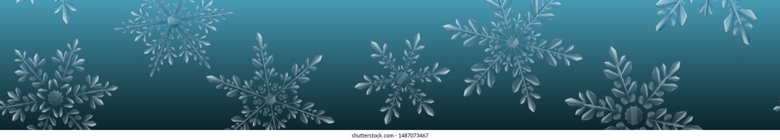 Christmas banner of large complex transparent snowflakes in light blue colors on gradient background. With horizontal repeating pattern. Transparency only in vector format