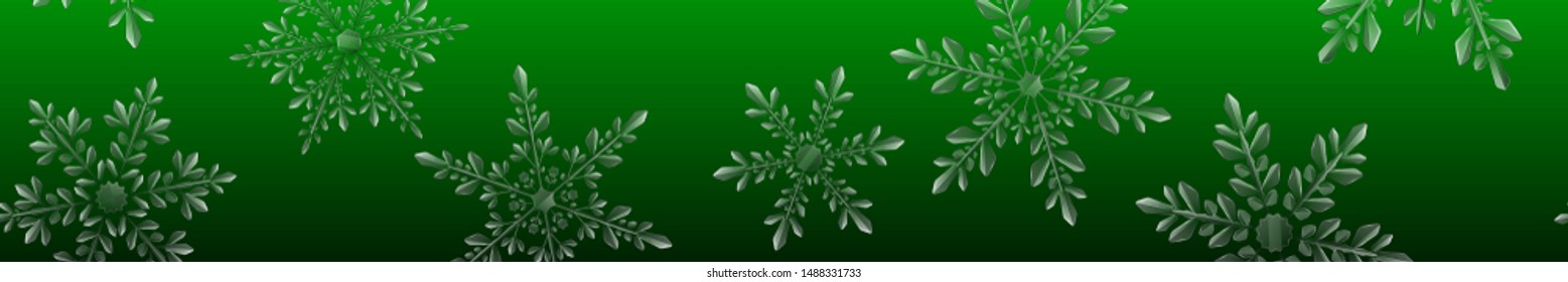 Christmas banner of large complex transparent snowflakes in light blue colors on green gradient background. With horizontal repeating pattern. Transparency only in vector format