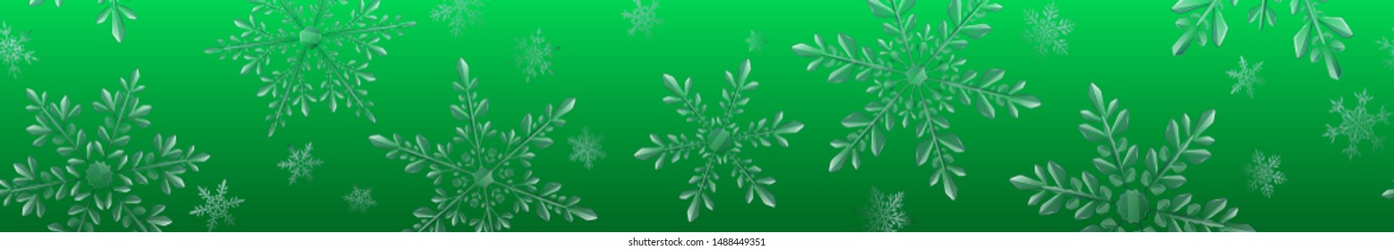 Christmas banner of large complex transparent snowflakes in light blue colors on green gradient background. With horizontal repeating pattern.  