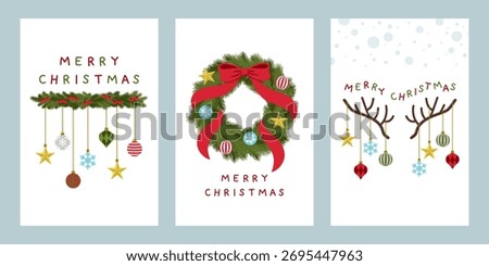 Christmas banner layouts of pine leaves wreath, reindeer antlers and ornaments for artwork design of card, poster or background.