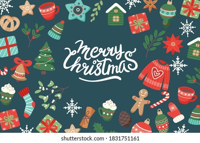 Christmas banner with lettering and cute seasonal elements, vector illustration in flat style