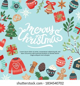 Christmas banner with lettering and cute seasonal elements, vector illustration in flat style