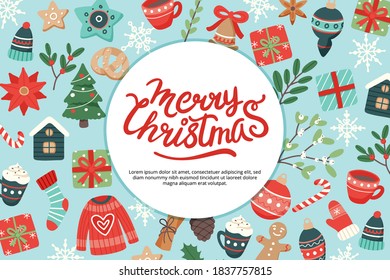 Christmas banner with lettering and cute seasonal elements, vector illustration in flat style