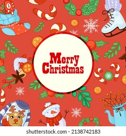 Christmas banner with lettering and cute winter seasonal elements, vector illustration.